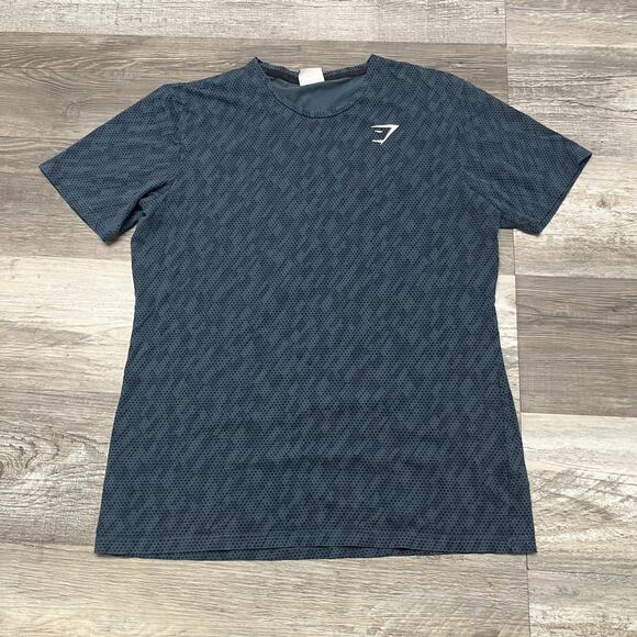 Gymshark Shirt Blue Gray Mens M Crewneck Geometric Honeycomb Gradient Stretch - Picture 2 of 10